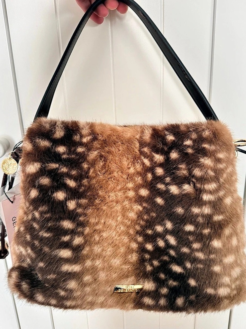 BCBGeneration Faux Fur Shoulder Bag in Brown & Black spotted print
